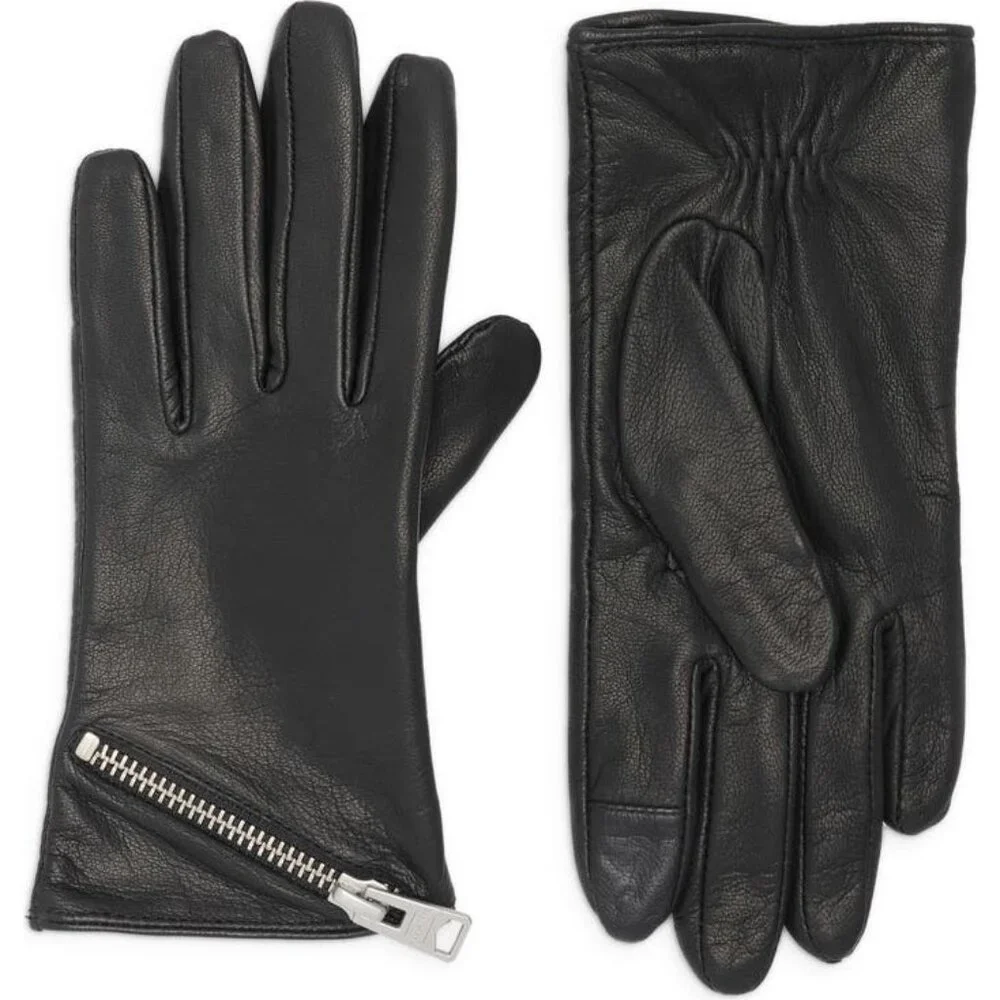 All Saints Asymmetrical Zip black Leather Gloves women size M